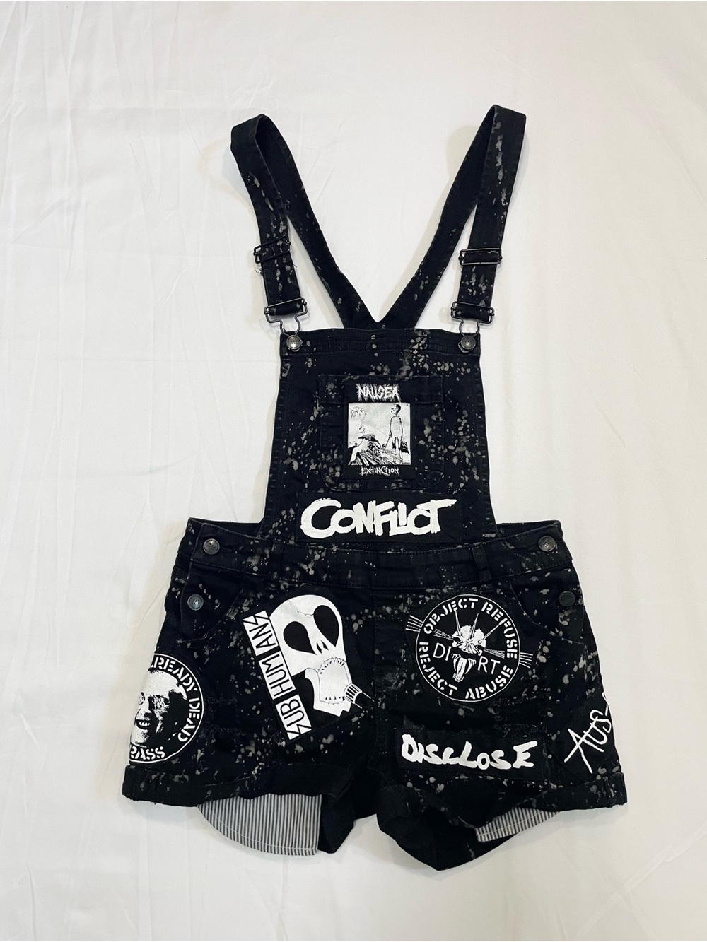 Handmade black bleached punk battle overall shorts